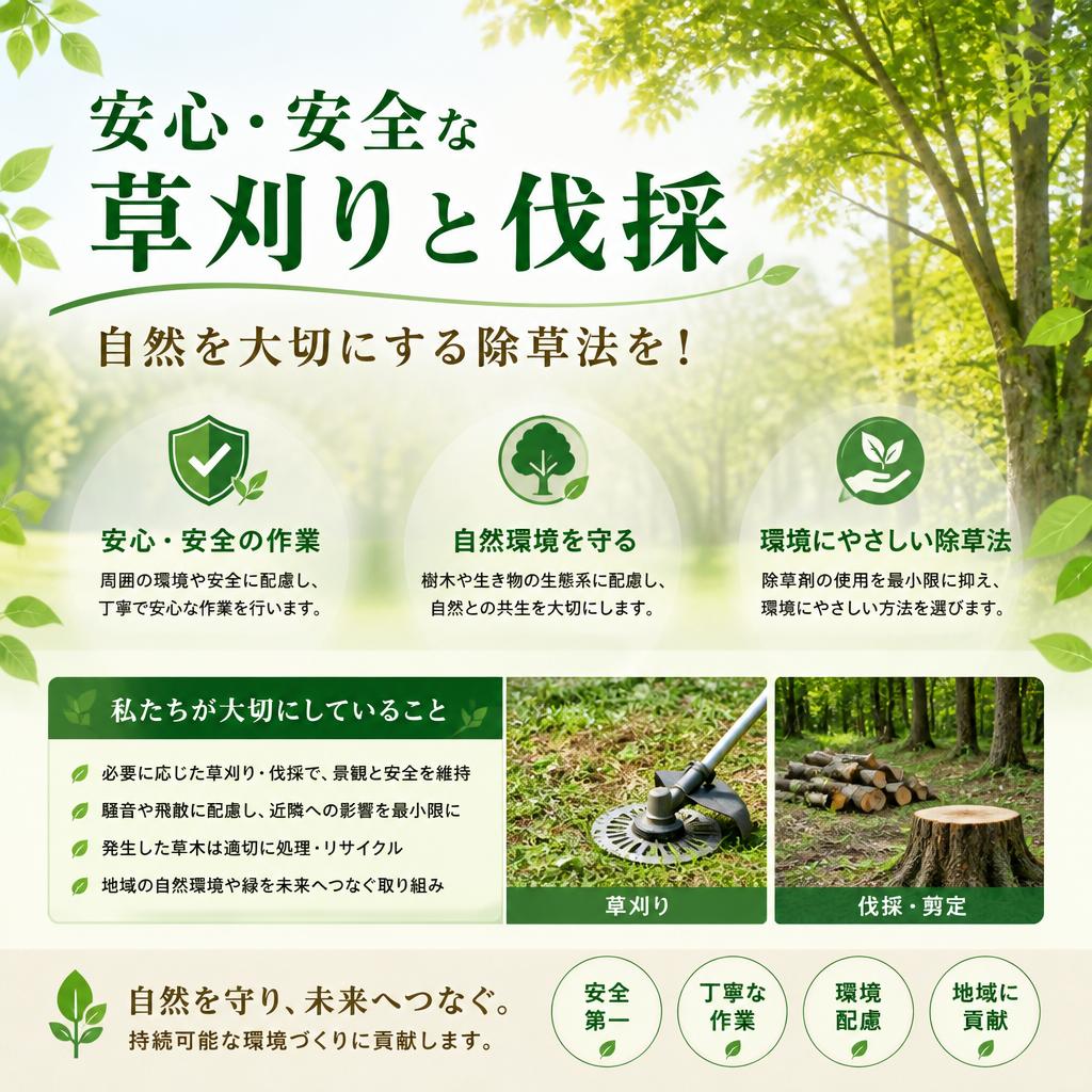 安心・安全な草刈りと伐採、自然を大切にする除草法を！